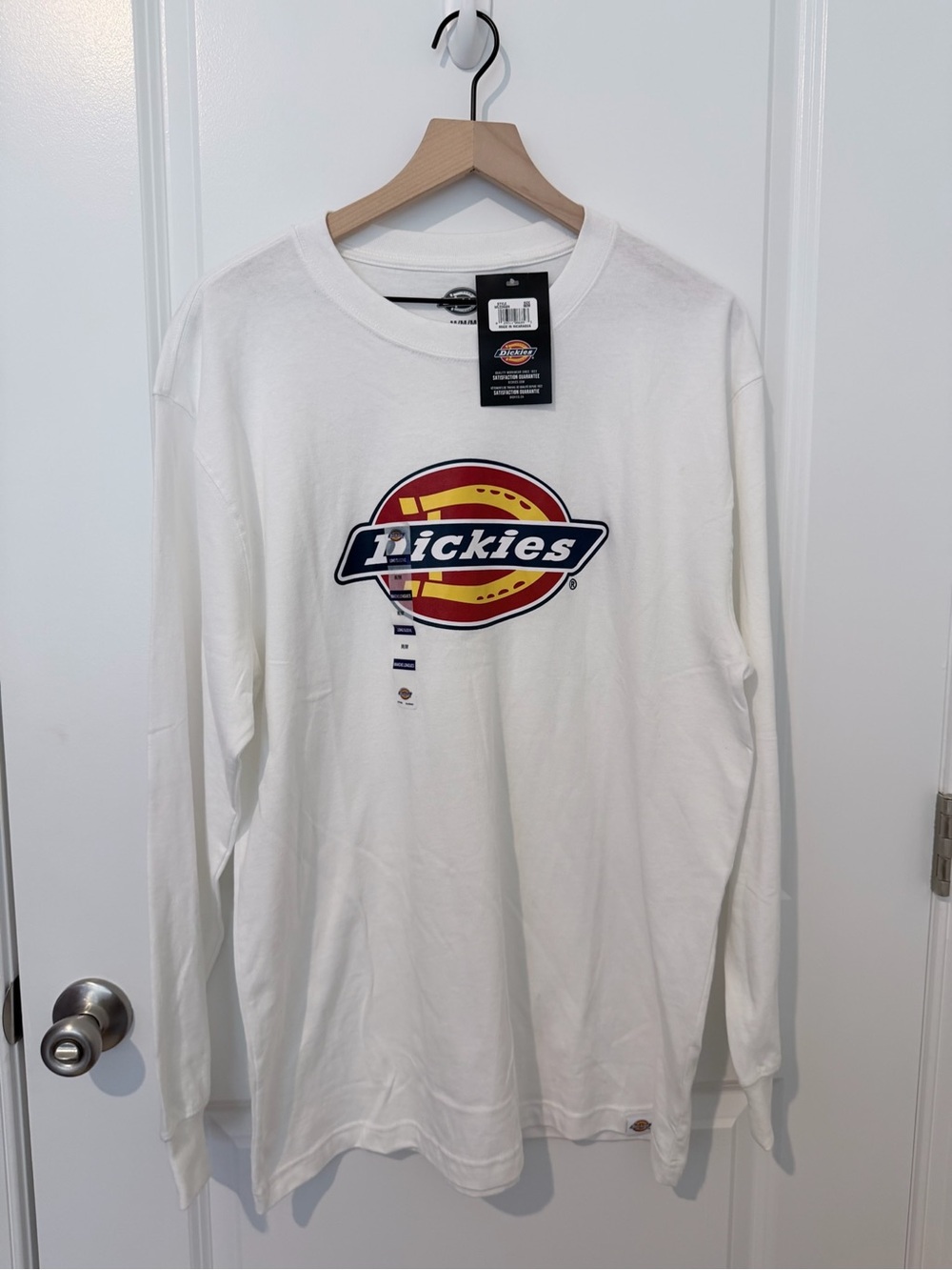 Dickies White Long Sleeve Logo Tee with Red & Yellow Emblem